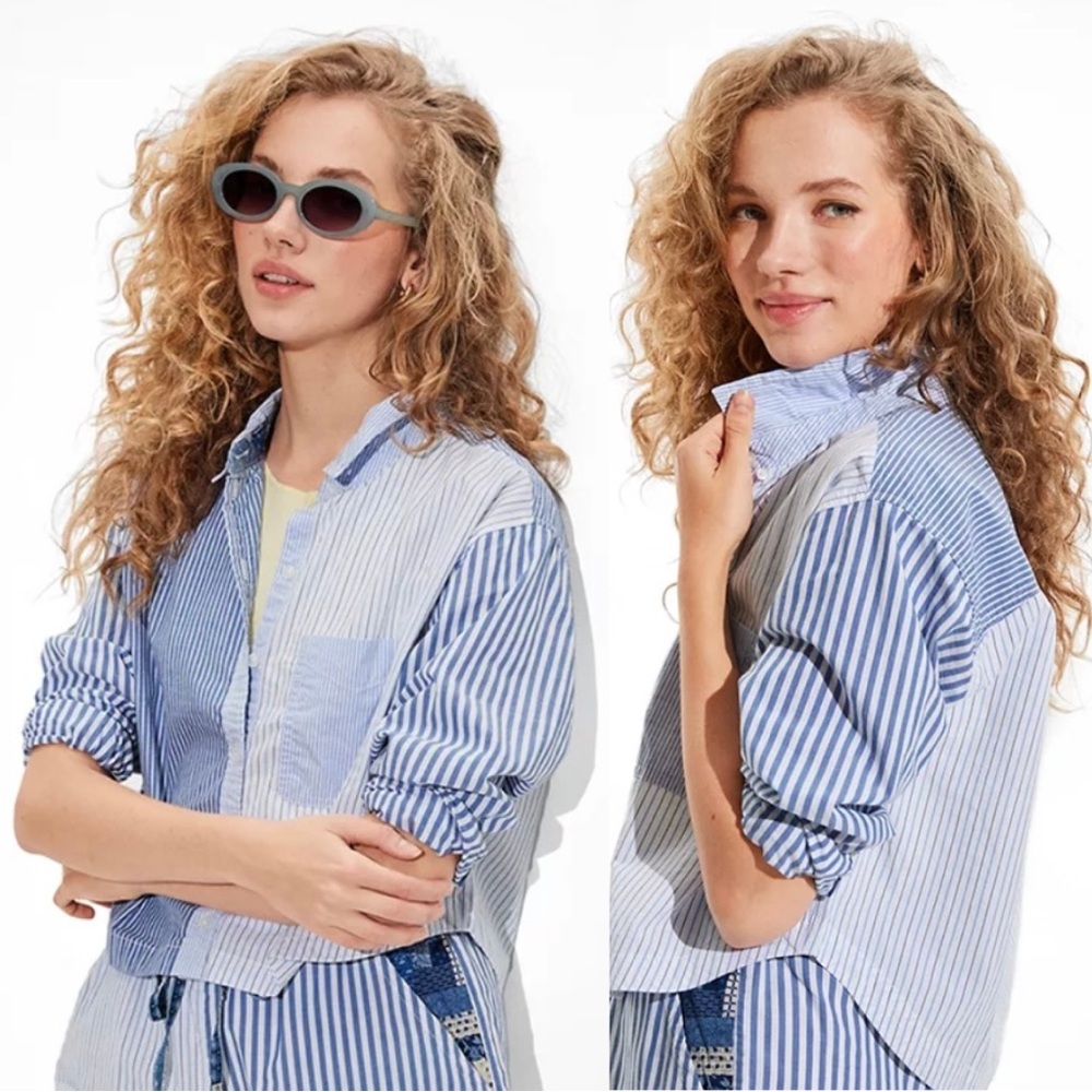 American Eagle Clubhouse Oversized Crop Striped Button Down Shirt, Size L